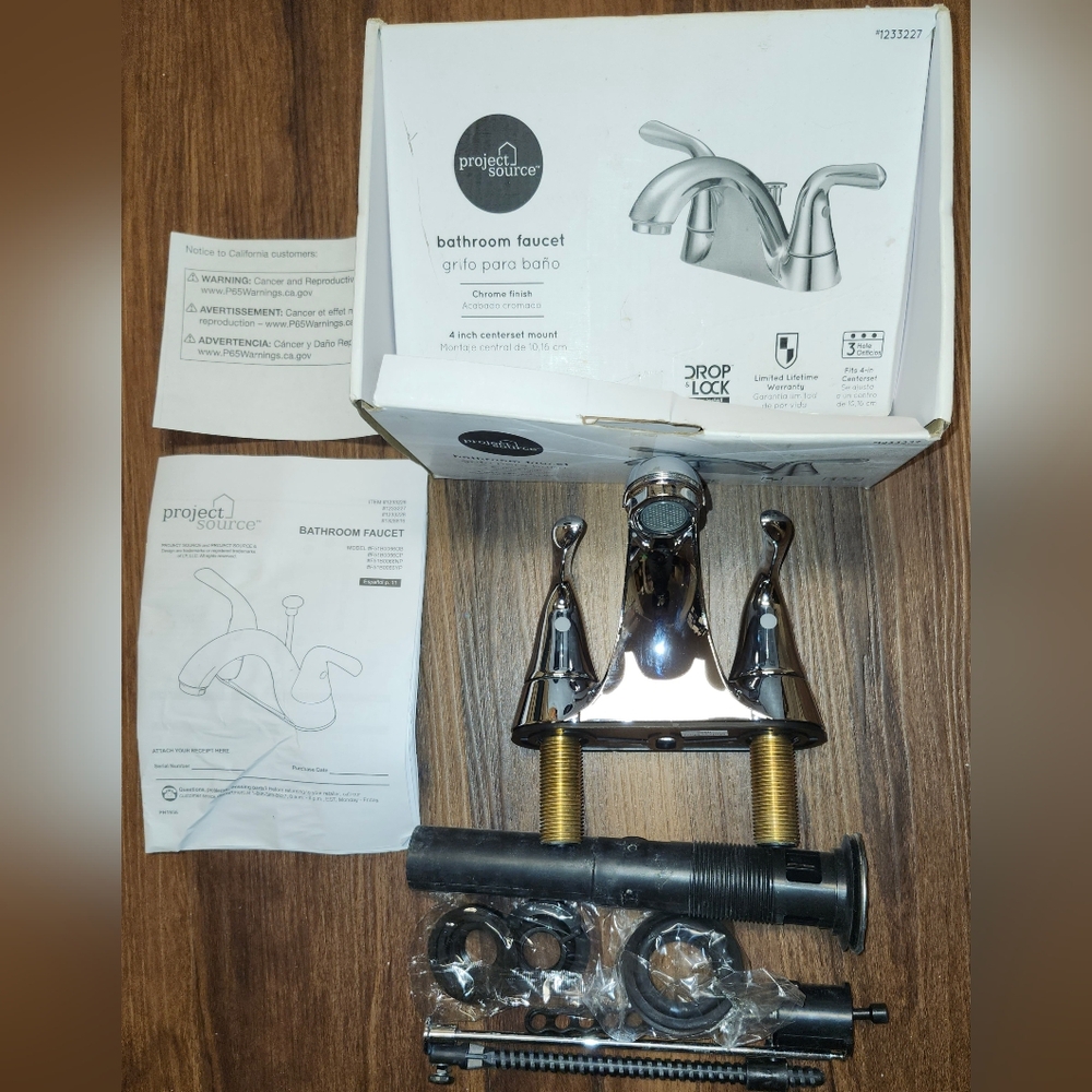 NIB Project Source #1233227 Bathroom Faucet w Chrome Finish & 4" Centerset Mount